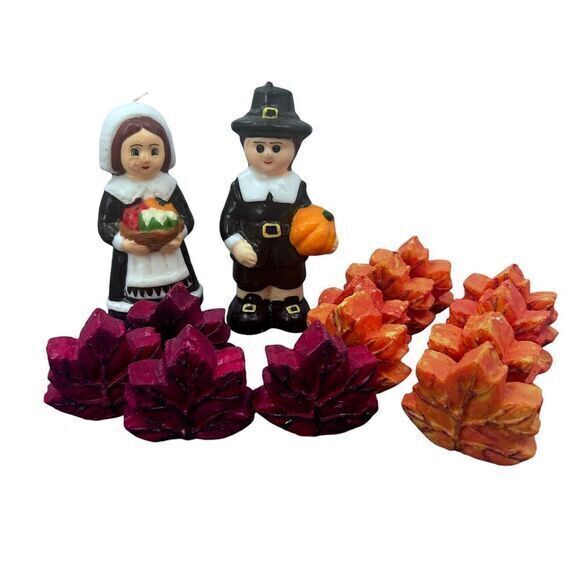 Gurley‎ Thanksgiving Candles 6" Pilgrim Couple 12 Fall Leafs Vintage Holidays - Picture 1 of 6